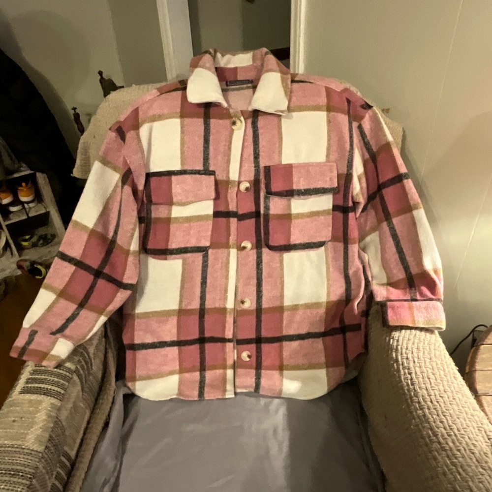 Pink and White Plaid Flannel Shacket